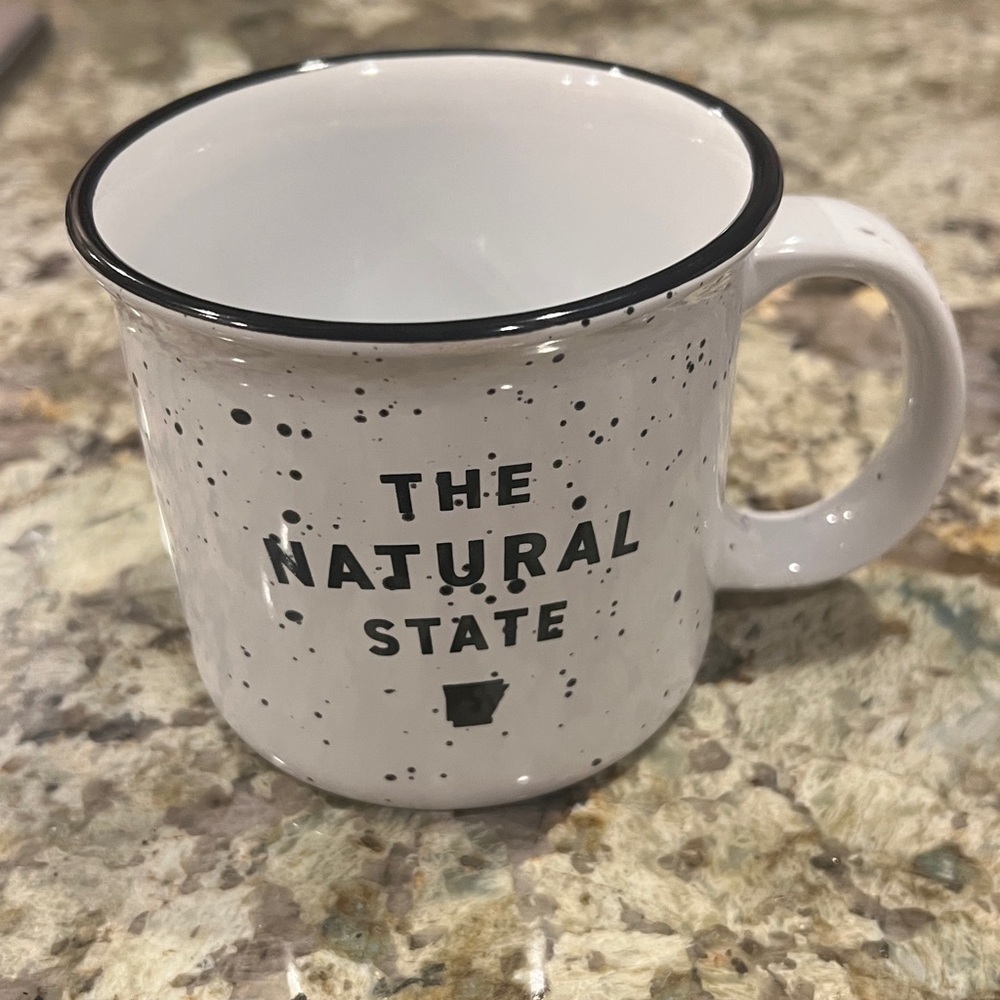 Ceramic Campfire-Style Mug "THE NATURAL STATE" outline of the state of Arkansas